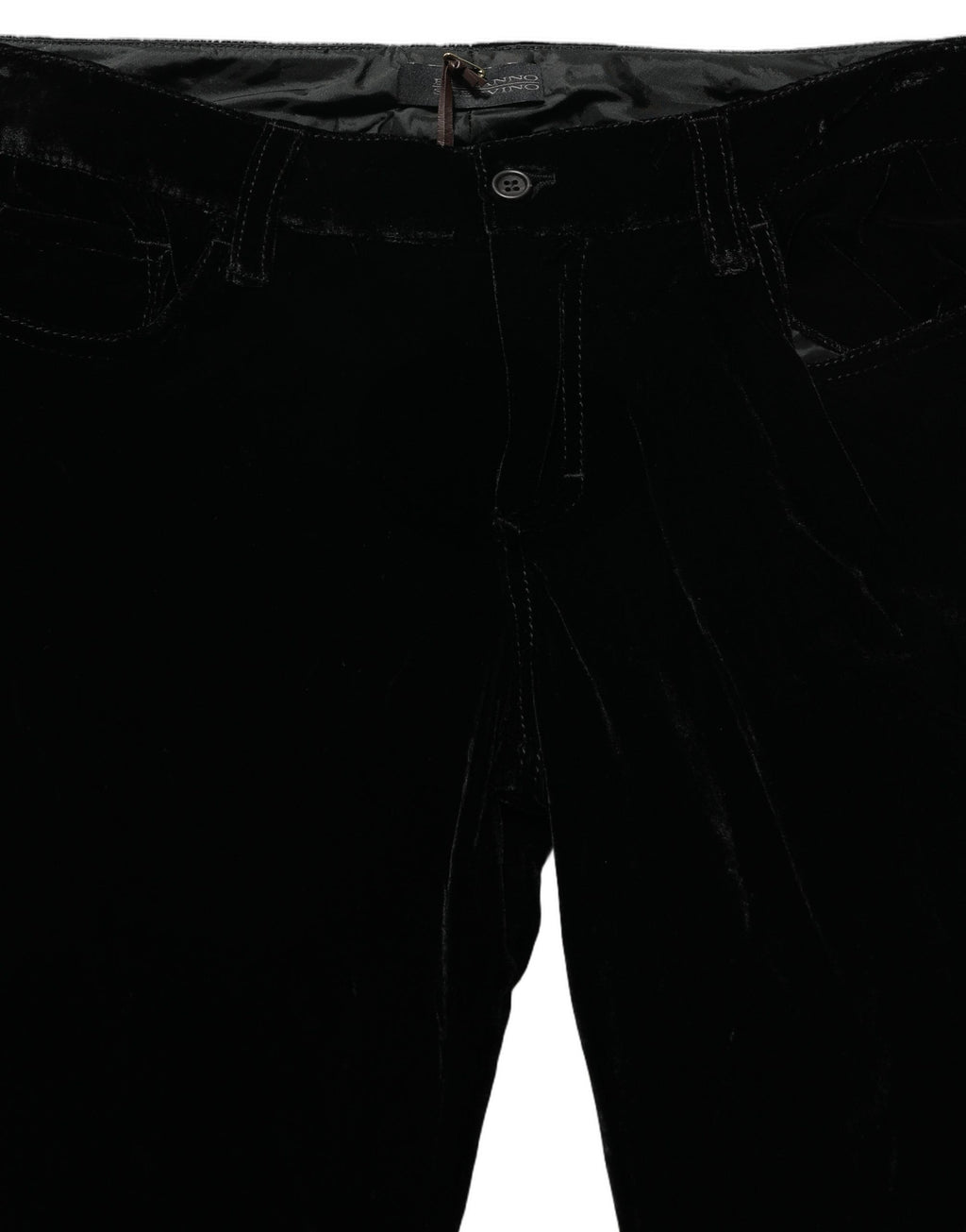 Ermanno Scervino black viscose blend velvet slim fit pants displayed on a hanger, showcasing their sleek design and luxurious fabric.