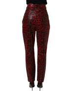 Red leopard print cotton trouser jeans by Dolce & Gabbana with five pockets, showcasing a stylish, bold design.