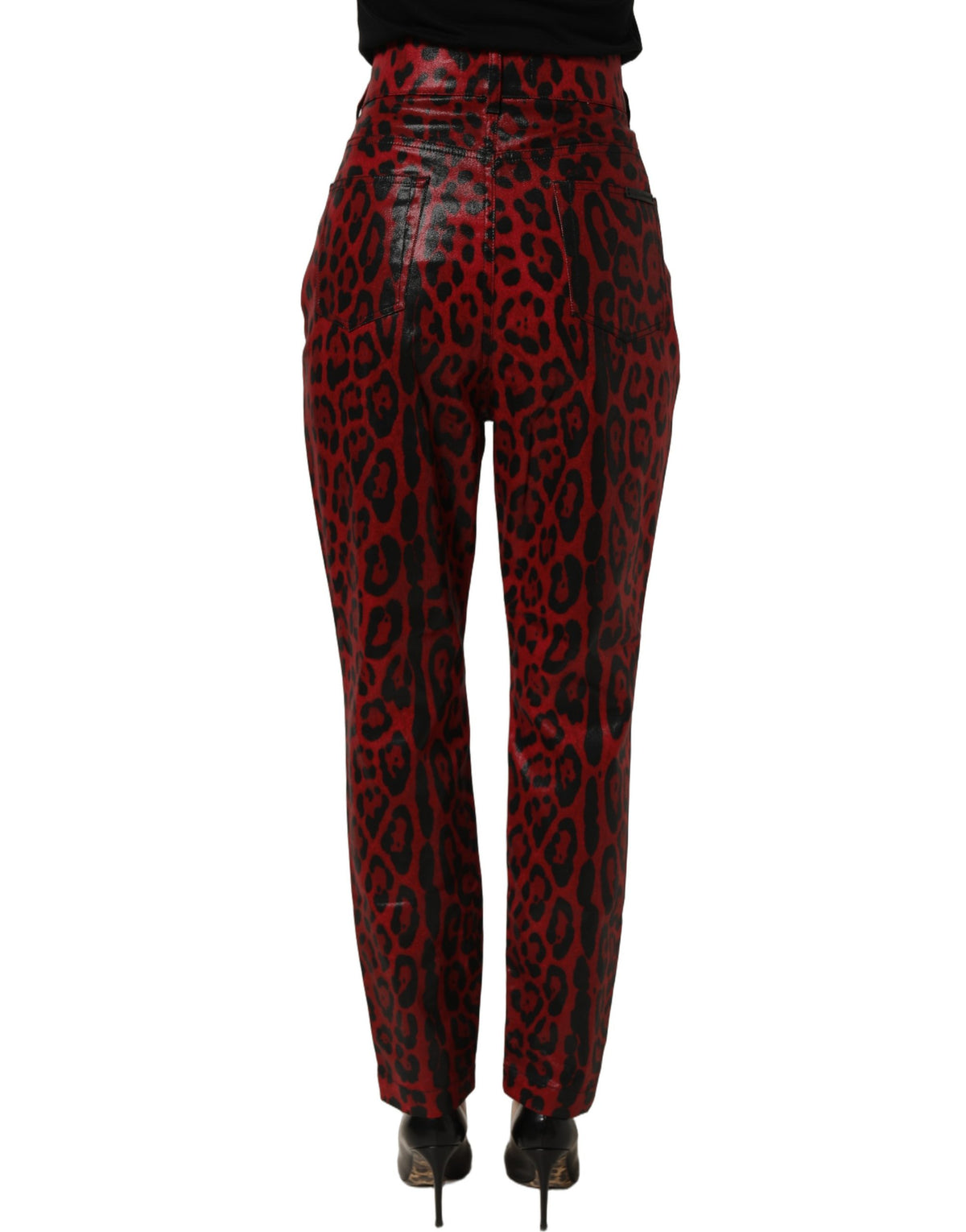Red leopard print cotton trouser jeans by Dolce & Gabbana with five pockets, showcasing a stylish, bold design.