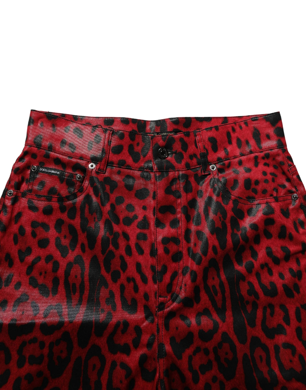 Dolce & Gabbana red leopard print cotton trouser jeans with five pockets, stylish and fitted for a bold fashion statement.