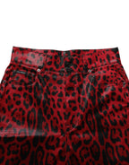 Dolce & Gabbana red leopard print cotton trouser jeans with five pockets, stylish and fitted for a bold fashion statement.