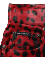 Dolce & Gabbana red leopard print cotton five-pocket trouser jeans with a stylish fit and bold pattern.
