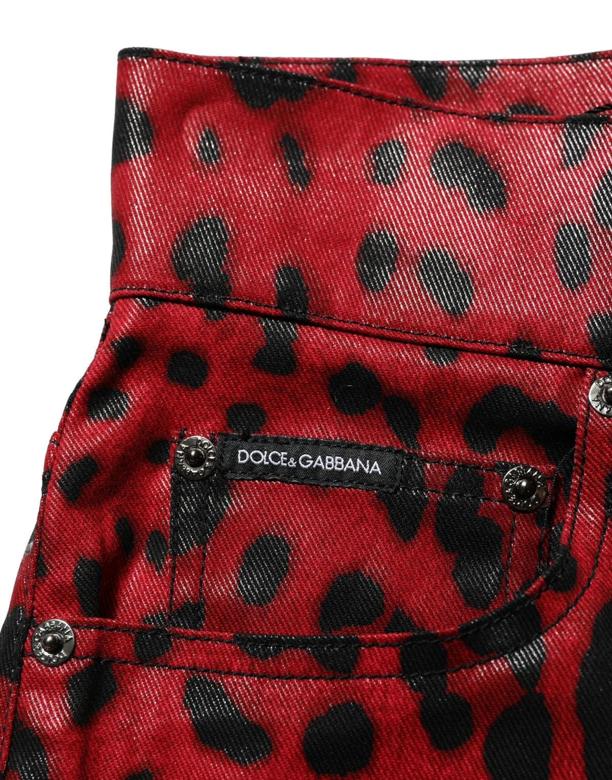 Dolce & Gabbana red leopard print cotton five-pocket trouser jeans with a stylish fit and bold pattern.