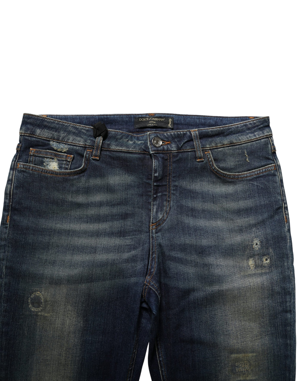 Dolce & Gabbana blue cotton stretch skinny denim jeans displayed on a hanger with visible stitching and classic five-pocket design.