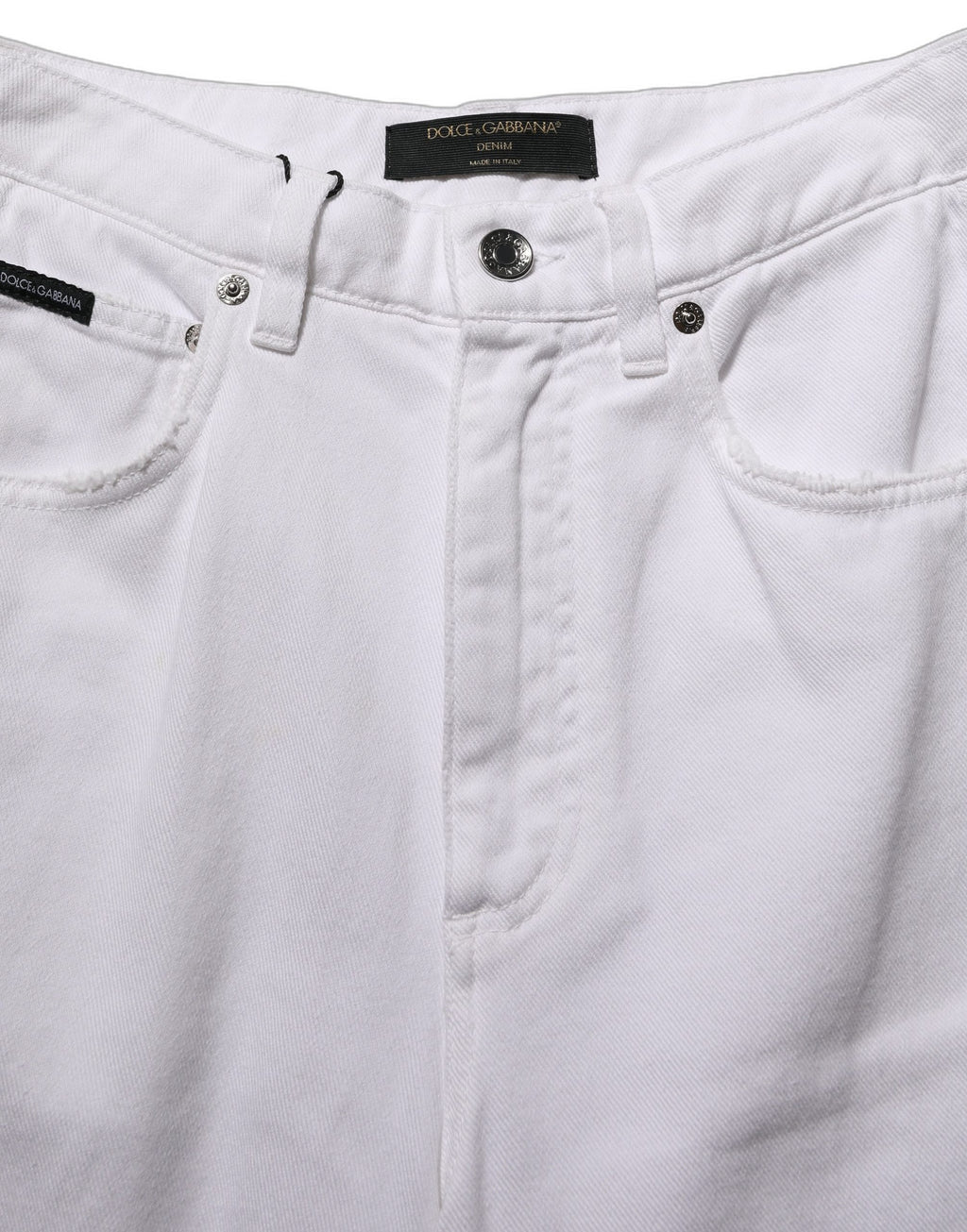 Dolce & Gabbana white cotton stretch wide-leg denim jeans with classic five-pocket design and relaxed fit.