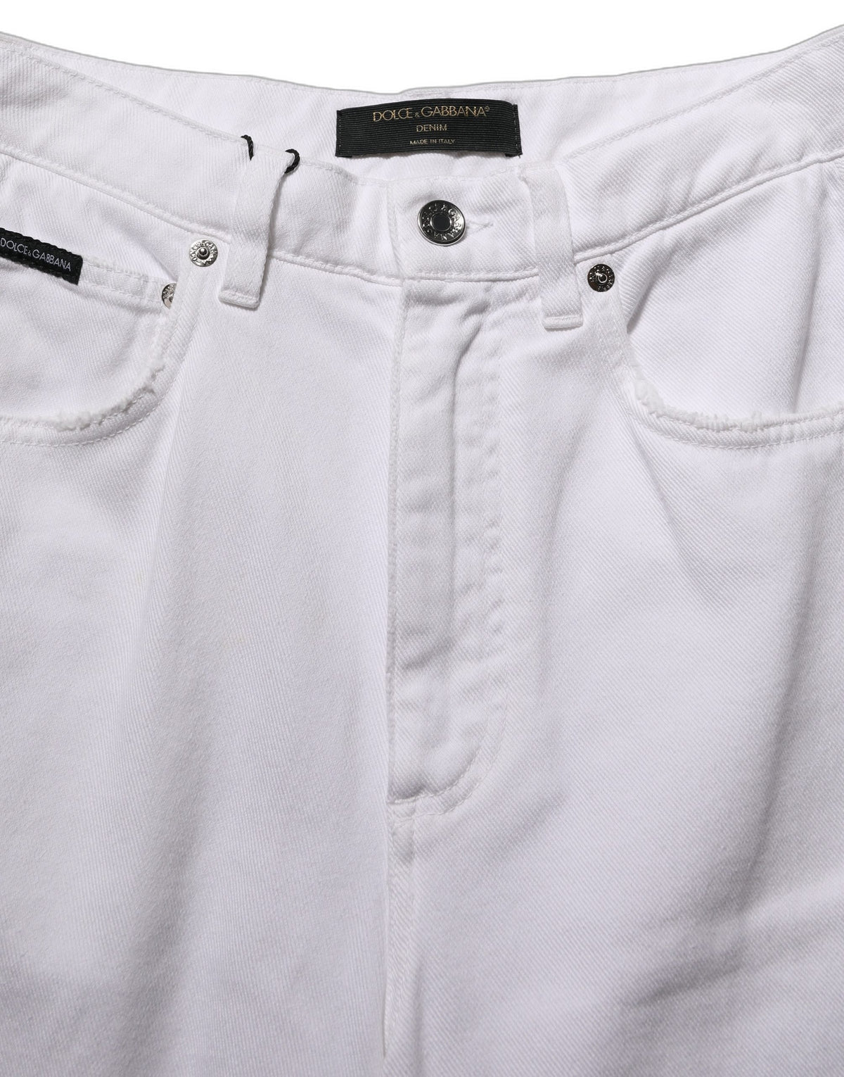 Dolce & Gabbana white cotton stretch wide-leg denim jeans with classic five-pocket design and relaxed fit.