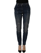 Dark blue cotton stretch skinny denim jeans by Dolce & Gabbana displayed on a clothing rack.