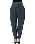 Dark blue cotton stretch tapered denim jeans by Dolce & Gabbana, showing close-up of fitted design and classic five-pocket style.