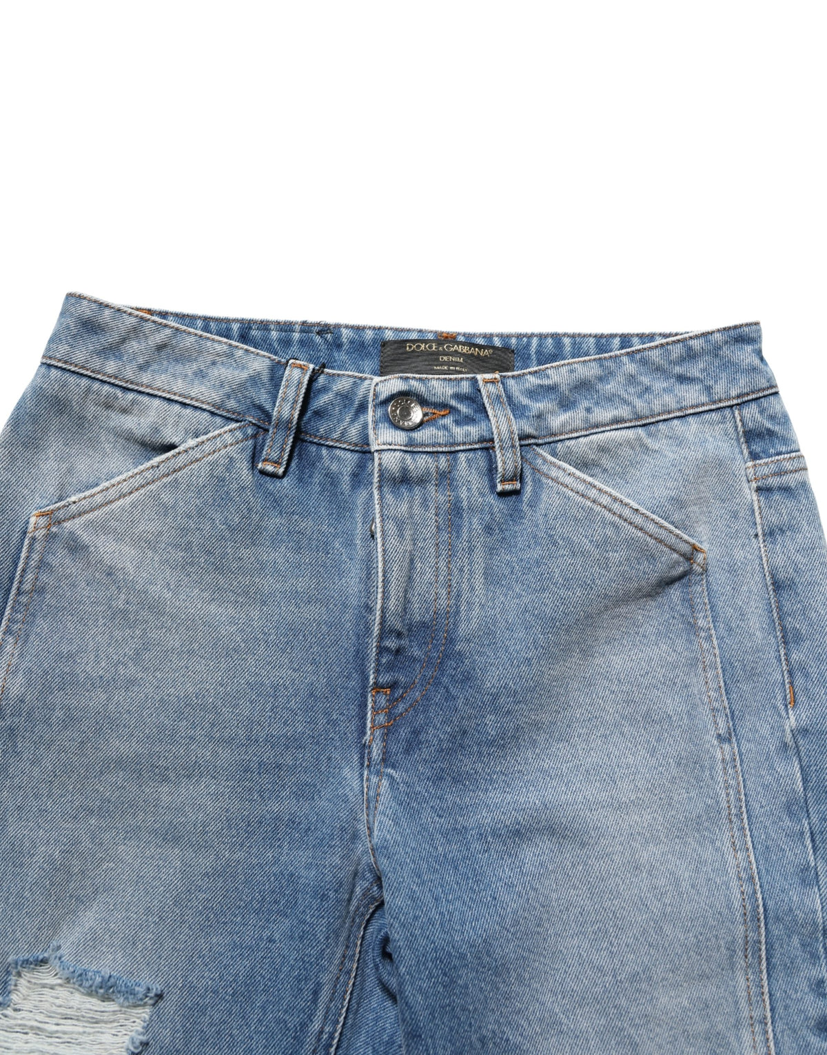 Dolce & Gabbana blue cotton boot cut denim trousers with classic five-pocket design and tailored fit.
