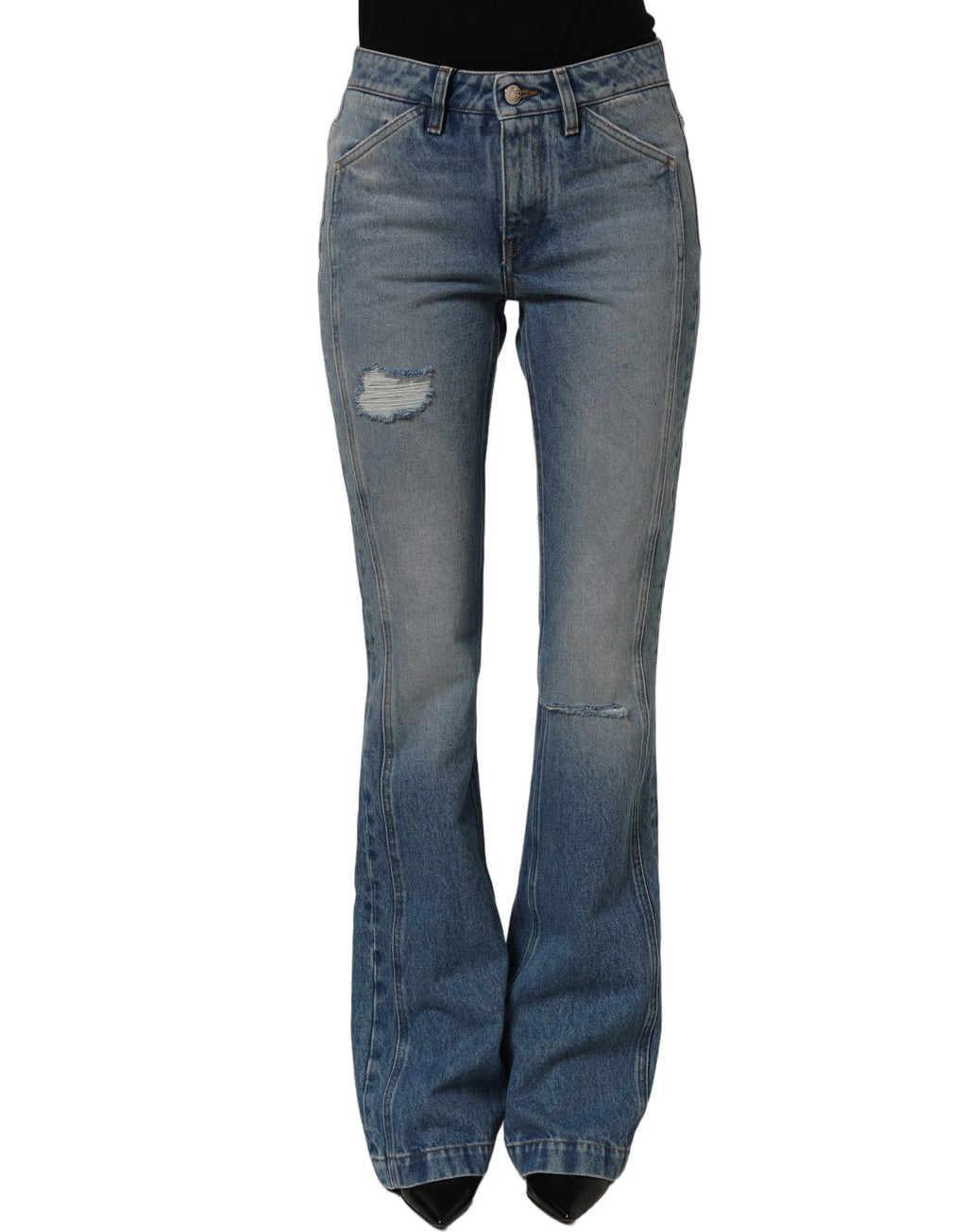 Blue cotton boot cut denim jeans by Dolce & Gabbana, showing the relaxed fit and classic jean details.