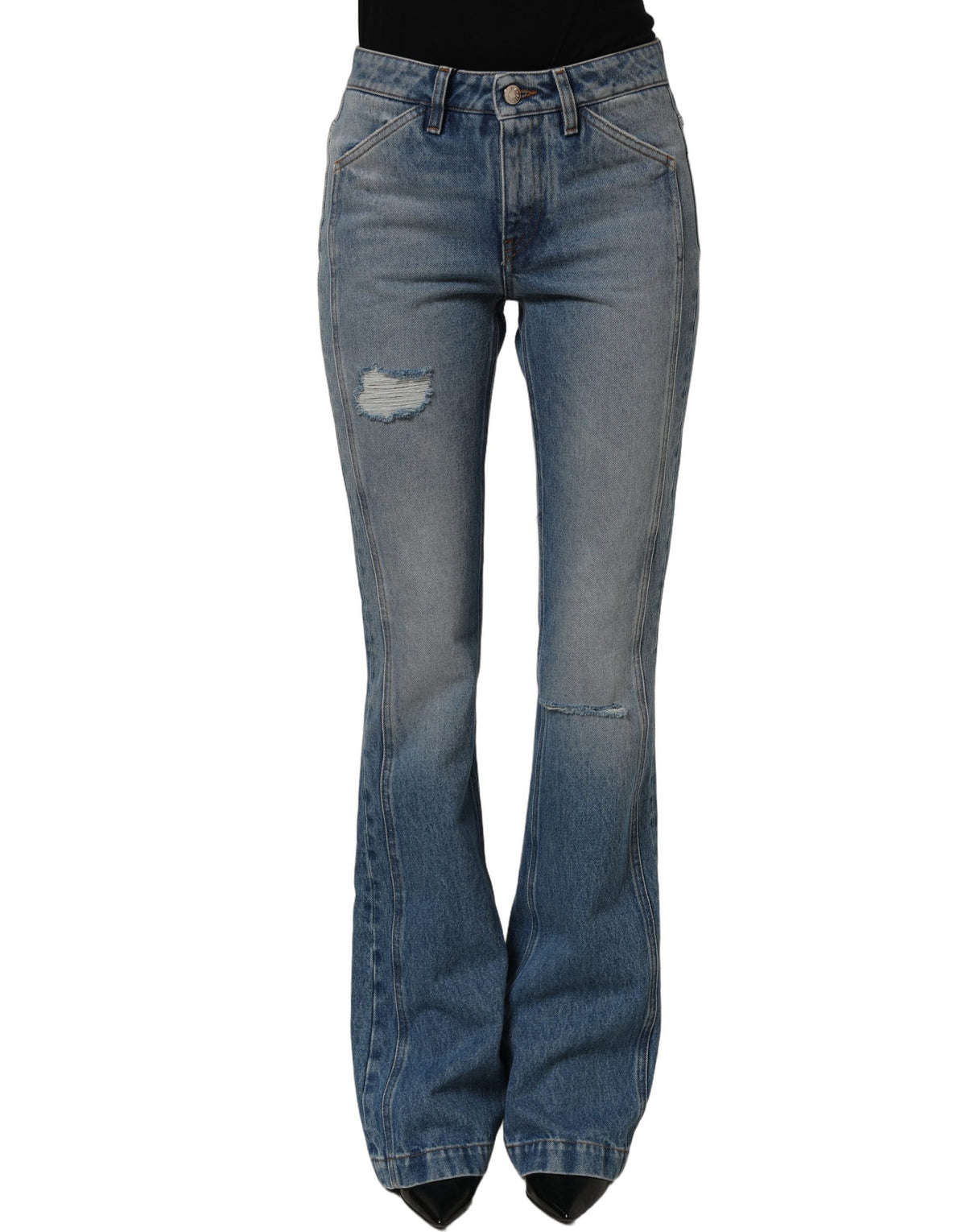 Blue cotton boot cut denim jeans by Dolce & Gabbana, showing the relaxed fit and classic jean details.