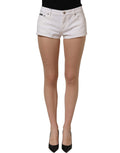 Dolce & Gabbana white cotton low-rise denim hot pants shorts with belt loops and distressed hem, casual summer fashion.
