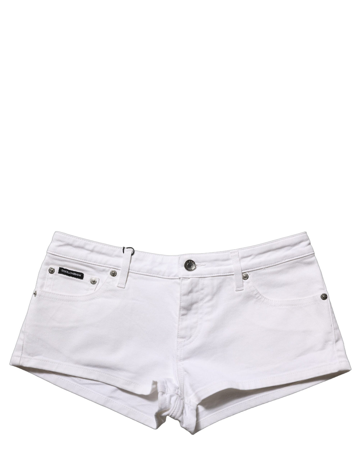 Dolce & Gabbana white cotton low-rise denim hot pants shorts displayed on a model.
