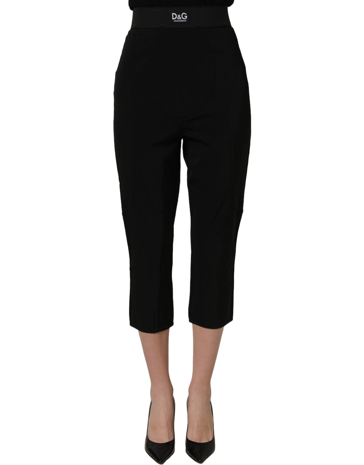 Black Dolce & Gabbana viscose high-waist capri trousers with tailored fit and wide-leg style, shown on a model.
