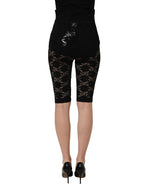 Dolce & Gabbana black high waist sheer floral lace shorts, close-up view showing intricate lace details and fit.