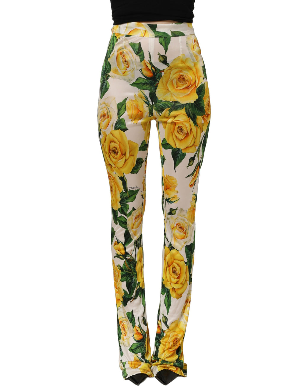 Dolce & Gabbana multicolor floral high-waist straight pants displayed on a model against a white background.
