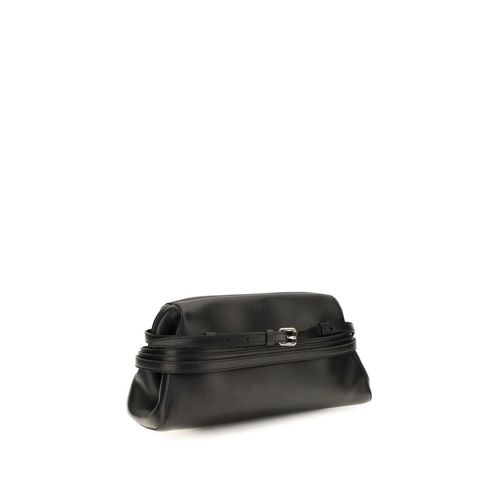 Black goatskin clutch bag by Moschino with silver hardware and minimalist design, perfect for evening or formal occasions.