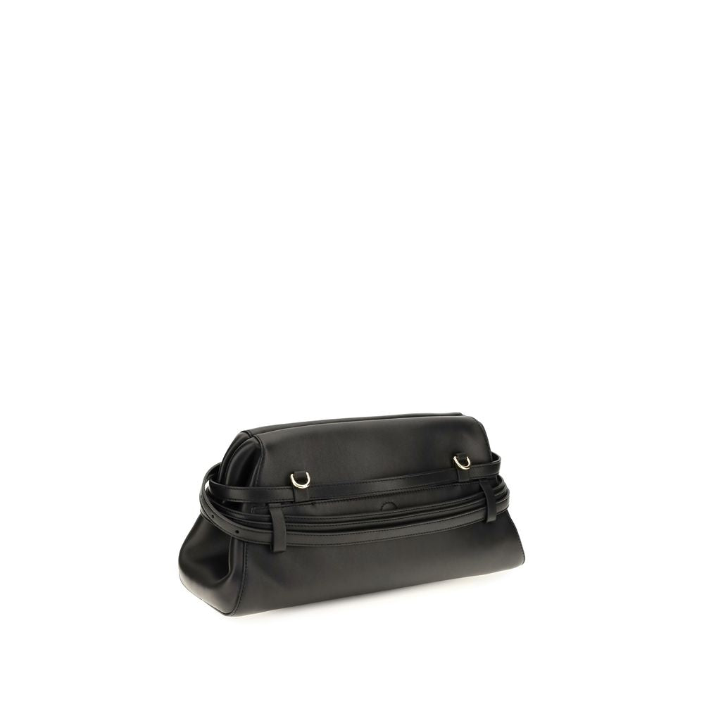 Black goatskin clutch bag by Moschino with silver hardware and minimalist design for elegant evening use.