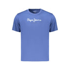 Pepe Jeans blue cotton men's T-shirt displayed flat with round neckline and short sleeves.