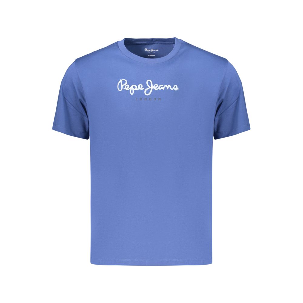 Pepe Jeans blue cotton men's T-shirt displayed flat with round neckline and short sleeves.