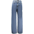 Pepe Jeans blue cotton women's jeans hanging on a rack, showcasing classic denim style and fit.