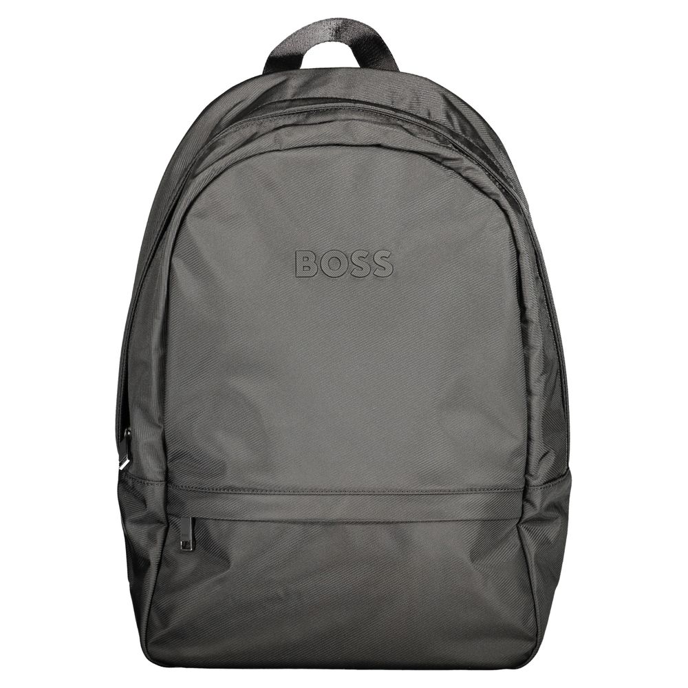 Hugo Boss black polyester men's backpack with zippered compartments and adjustable shoulder straps, stylish and functional accessory.