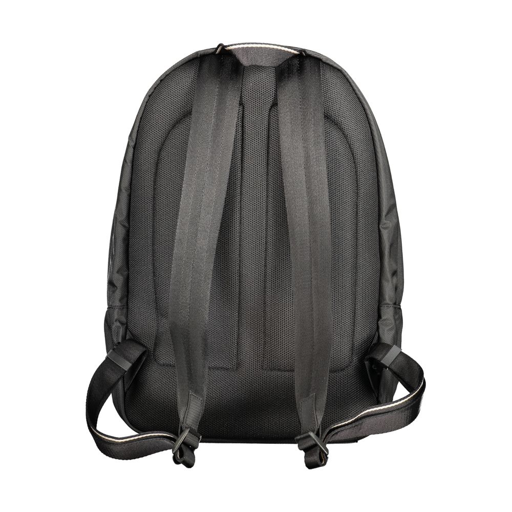 Hugo Boss black polyester men's backpack with adjustable straps and multiple compartments, designed for stylish everyday use.