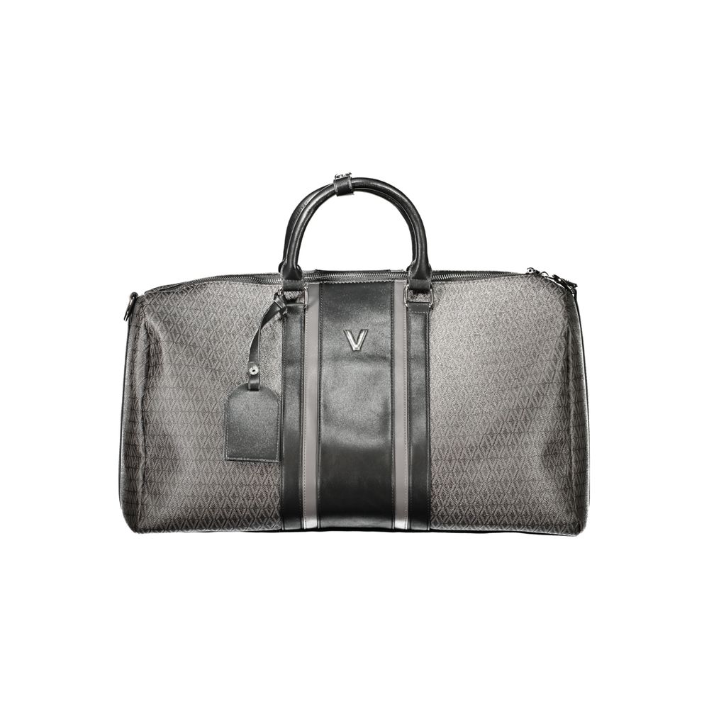 Mario Valentino black polyurethane women's bag with sleek design and top handle, featuring a minimalist style and silver-tone hardware.