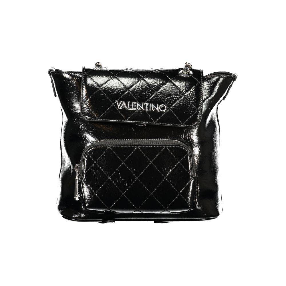 Mario Valentino black polyurethane women's backpack with adjustable straps and front zip pocket, stylish and functional accessory.