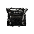 Mario Valentino black polyurethane women's backpack with adjustable straps and front zip pocket, stylish and functional accessory.