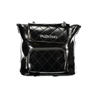 Mario Valentino black polyurethane women's backpack with adjustable straps and front zip pocket, stylish and functional accessory.
