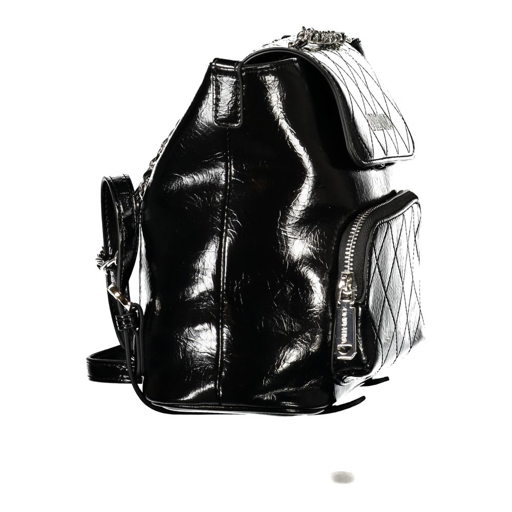 Mario Valentino black polyurethane women's backpack with adjustable straps and sleek design, suitable for casual or stylish everyday use.