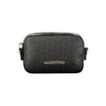 Mario Valentino black polyurethane women's bag with sleek design and gold-tone hardware, featuring a structured shape and top handle.