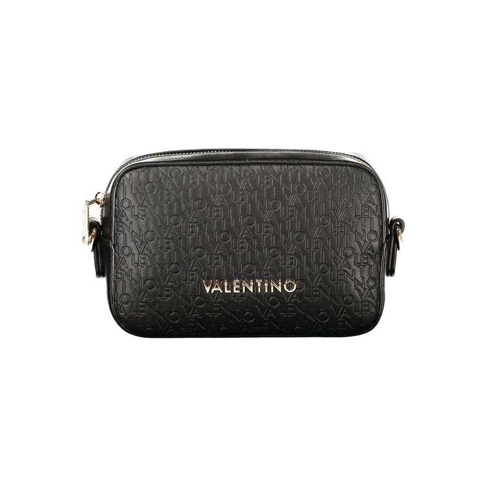 Mario Valentino black polyurethane women's bag with sleek design and gold-tone hardware, featuring a structured shape and top handle.