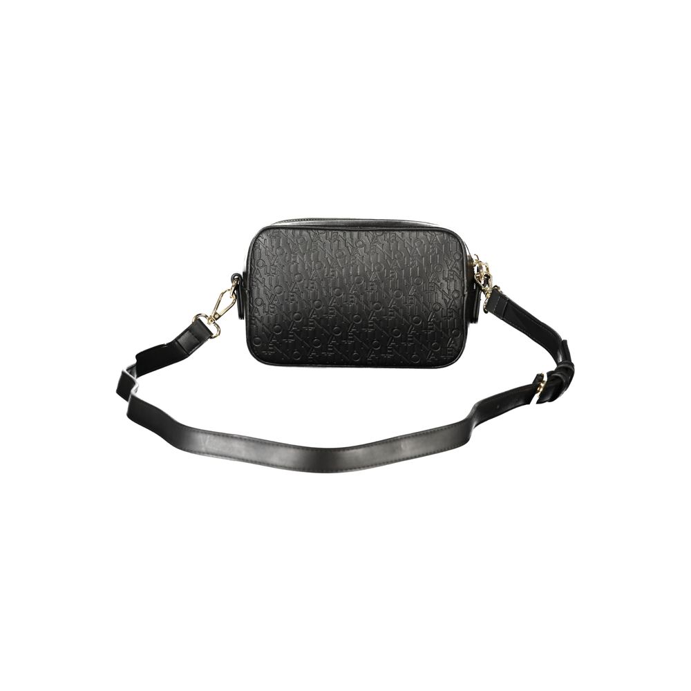 Black polyurethane women's bag by Mario Valentino with sleek design and silver hardware, featuring a top handle and shoulder strap.