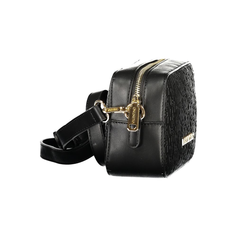 Mario Valentino black polyurethane women's bag with sleek design and gold-tone hardware, showing the front view.