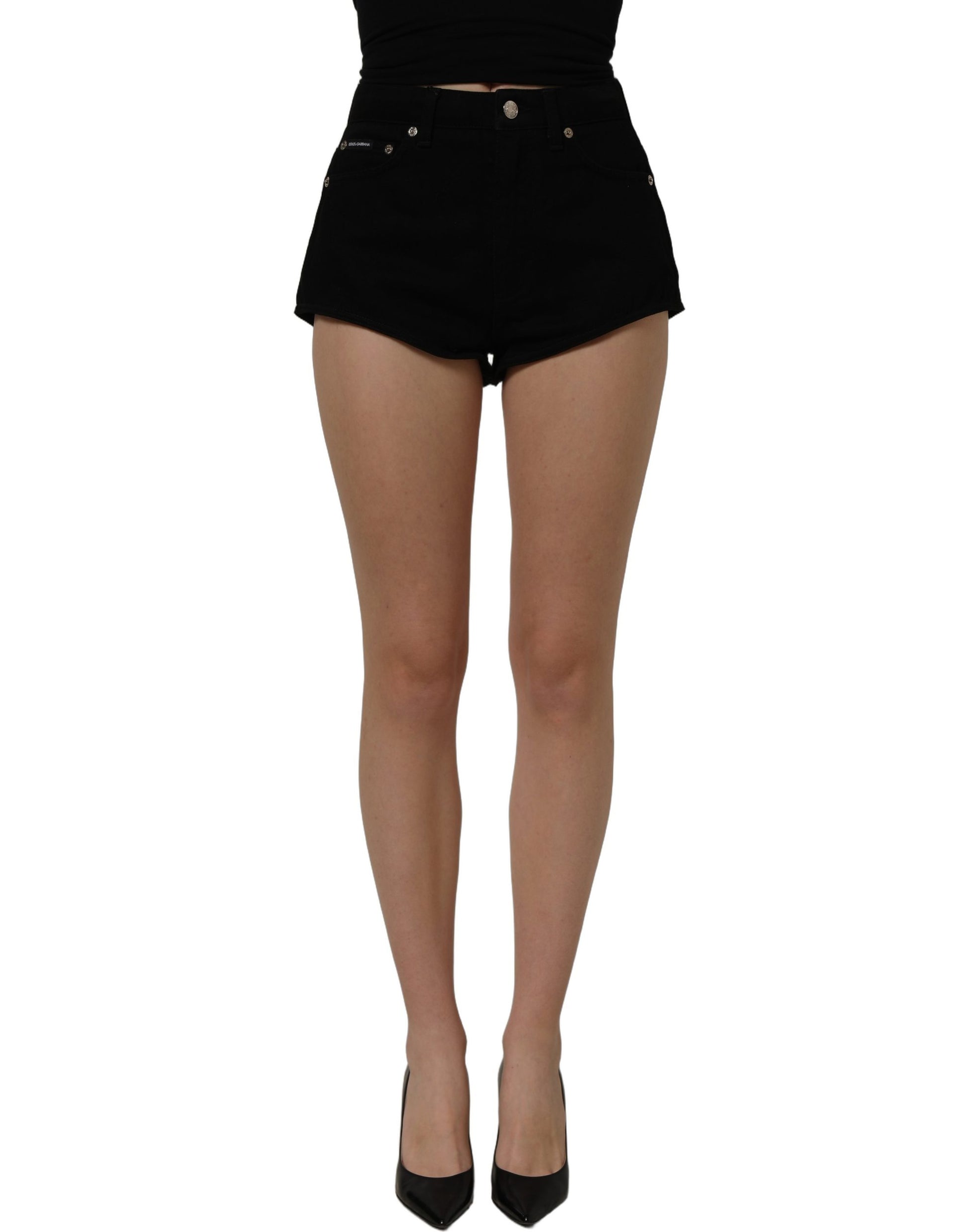 Dolce & Gabbana Black Cotton Mid Rise Denim Hot Pants Shorts Dolce & Gabbana