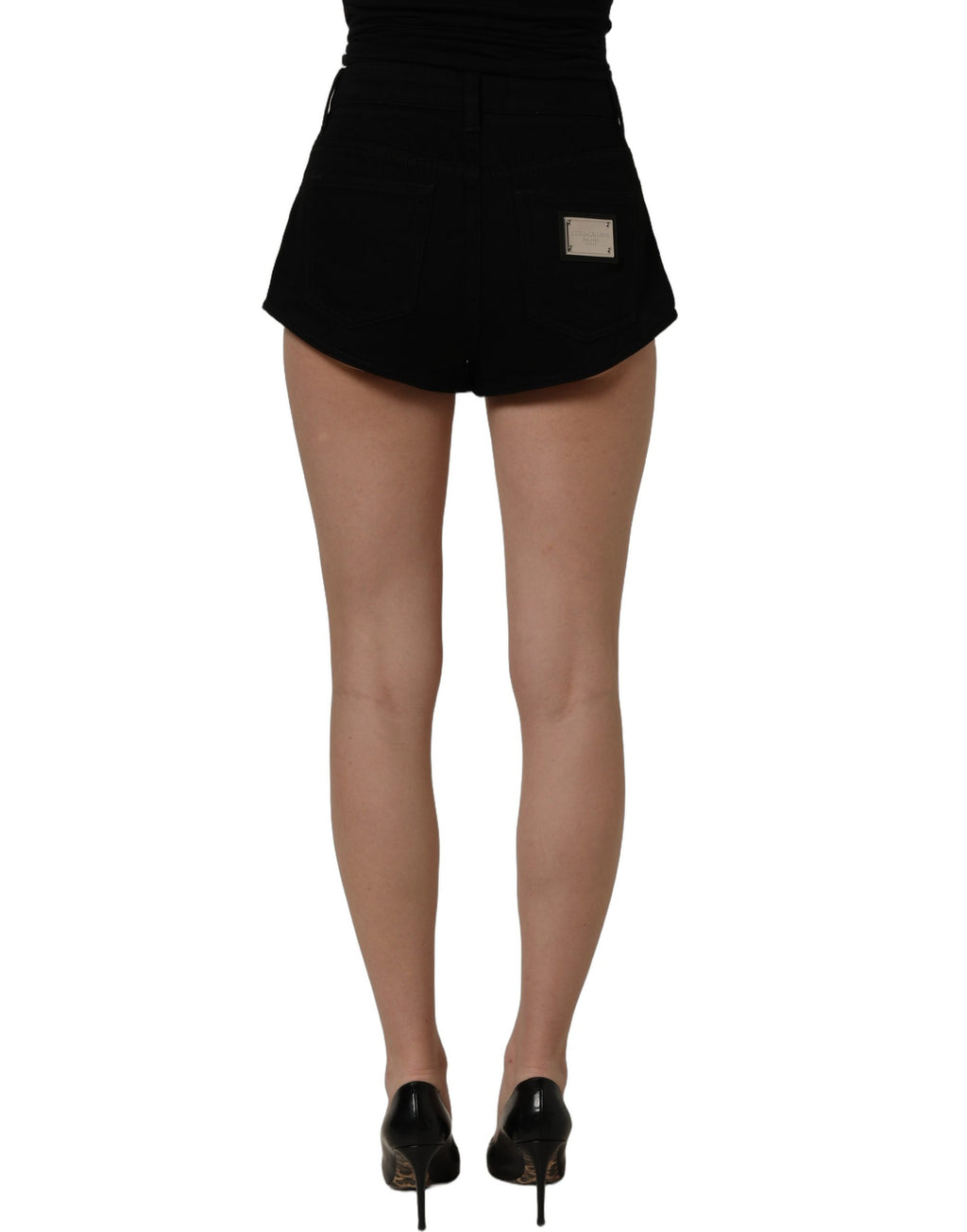 Dark gray cotton Dolce & Gabbana mid-rise denim hot pants shorts with a fitted waistband and classic five-pocket design.