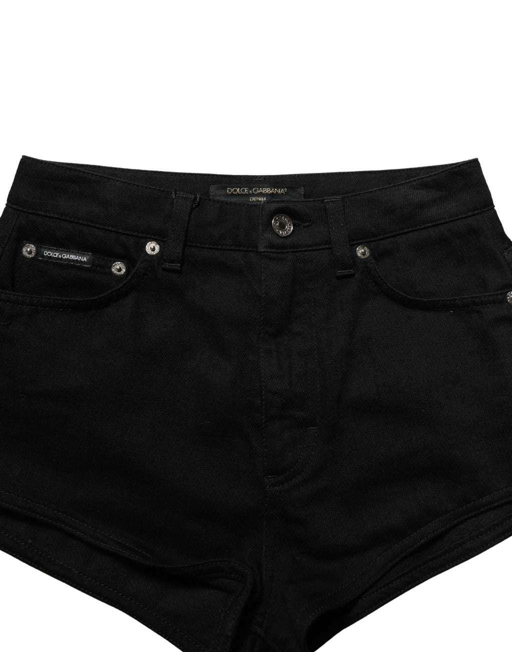 Dark gray cotton Dolce & Gabbana mid-rise denim hot pants shorts with frayed hem and classic five-pocket design.