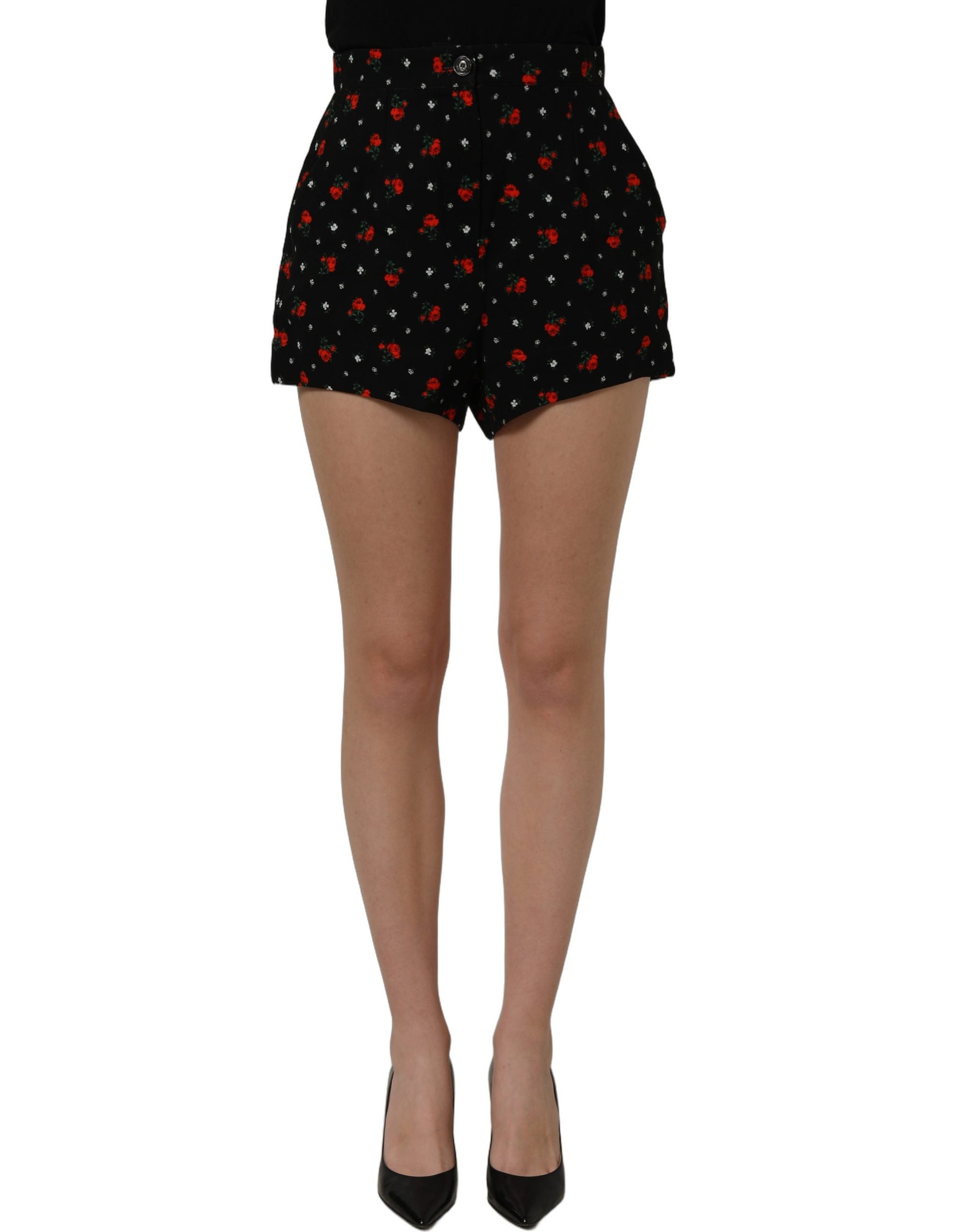 Dolce & Gabbana Black Floral High Rise Women Hot Pants Shorts Dolce & Gabbana