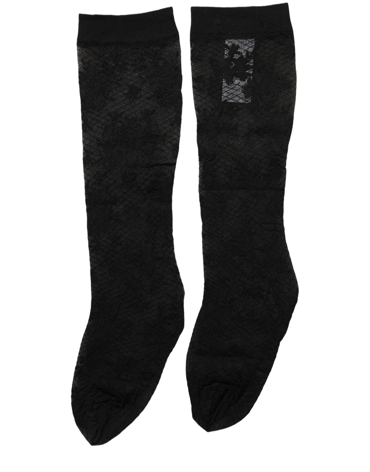 Black floral lace nylon stretch stockings from Dolce & Gabbana with intricate floral patterns and a sleek, fitted design.