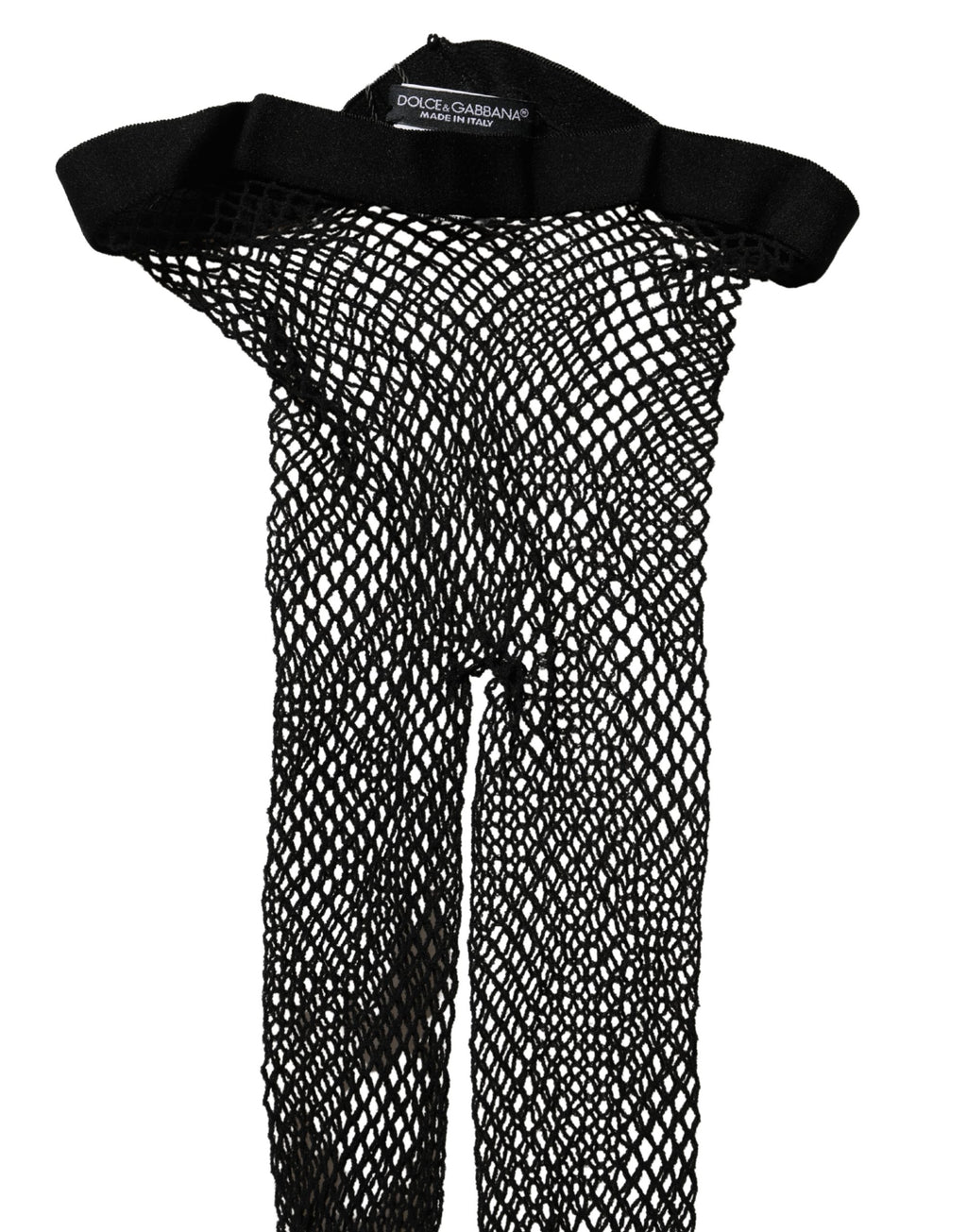 Black fishnet nylon tights by Dolce & Gabbana, showcasing their intricate fishnet pattern and sleek, form-fitting design.