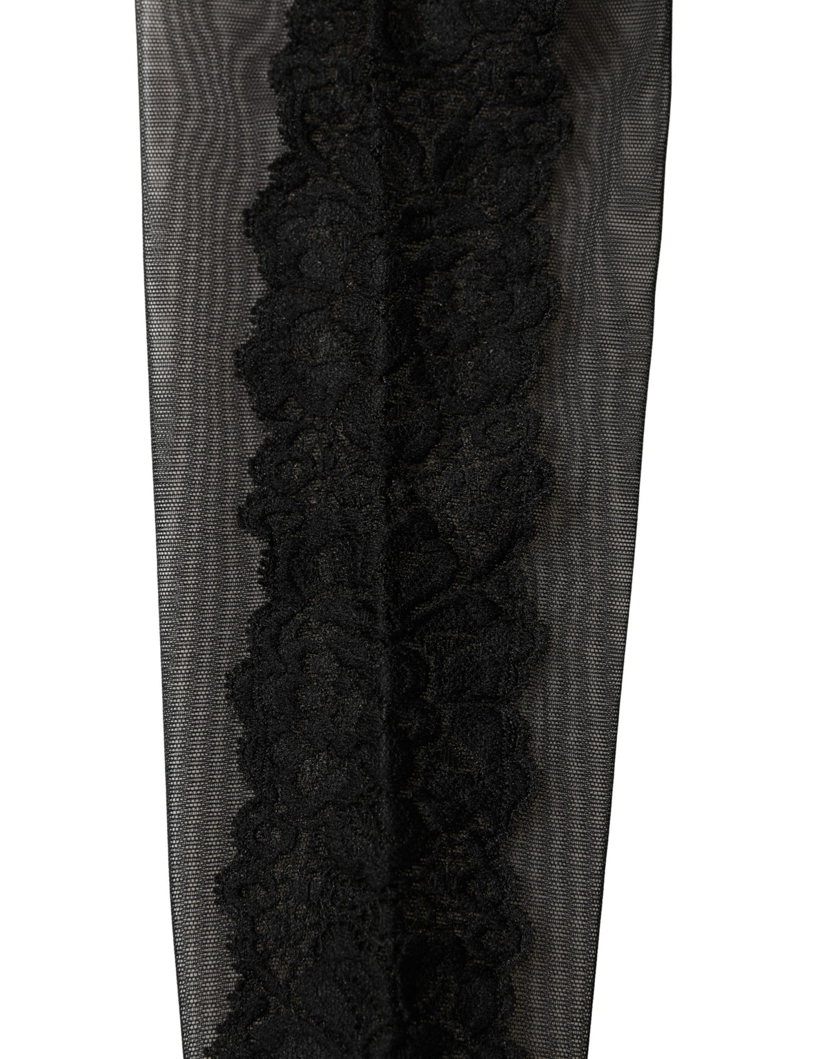 Black nylon mesh calf-length socks by Dolce & Gabbana with sheer design and long accessory style, displayed on a neutral background.