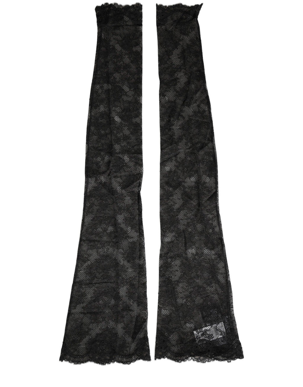 Dolce & Gabbana black floral lace nylon stretch knee-high socks displayed on a model's legs.