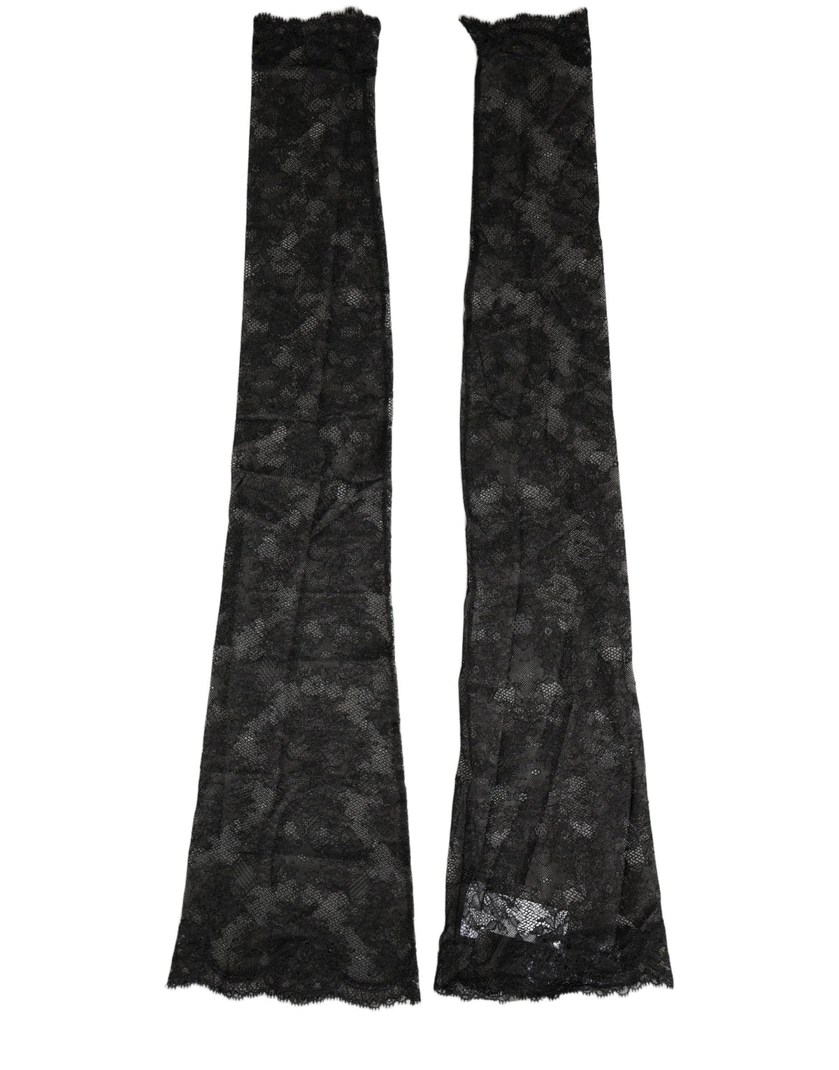 Dolce & Gabbana black floral lace nylon stretch knee-high socks displayed on a model's legs.