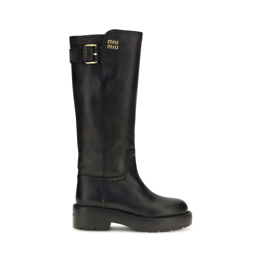 Miu Miu Black Calf Leather Bos Taurus Flat Boots Miu Miu