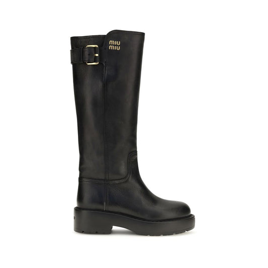 Miu Miu Black Calf Leather Bos Taurus Flat Boots Miu Miu