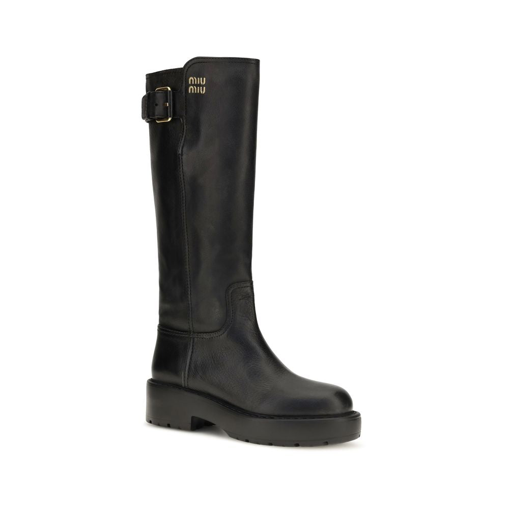 Miu Miu Black Calf Leather Bos Taurus Flat Boots Miu Miu