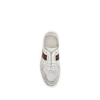 Gucci white calf leather Bos Taurus low top sneakers with sleek design and minimalist style, showing the detailed leather material.