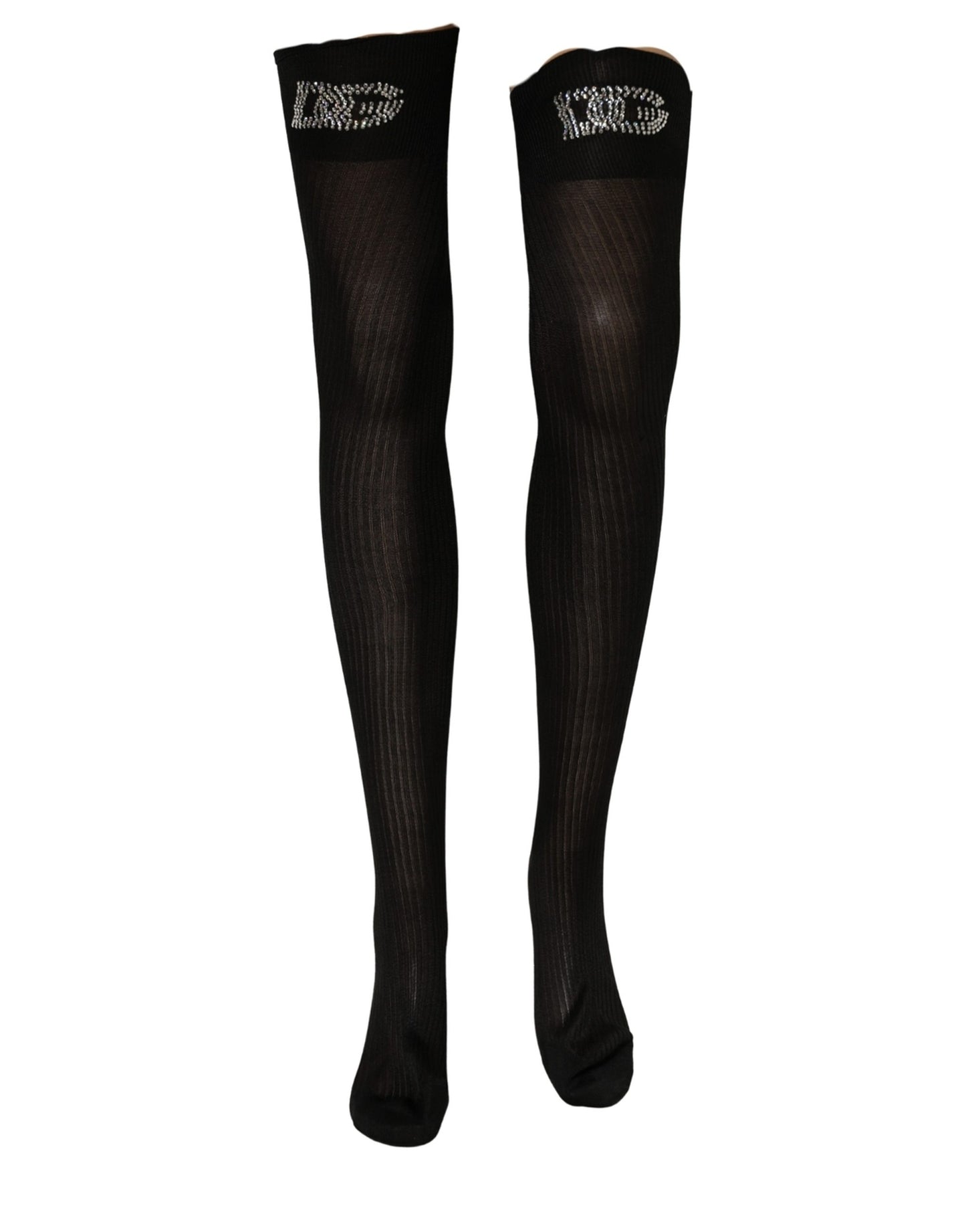 Dolce & Gabbana Black DG Logo Rhinestones Stretch Thigh High Socks Dolce & Gabbana